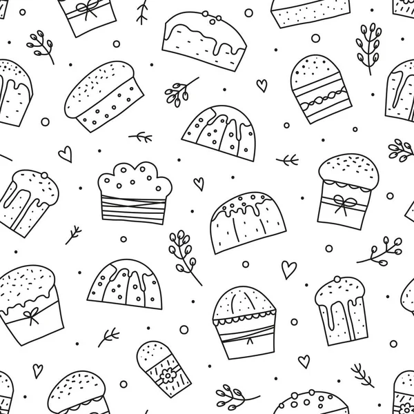 Black White Seamless Pattern Cute Doodle Outline Easter Kulich Cakes — 图库矢量图片