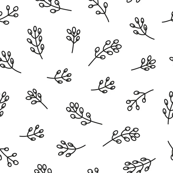 Black White Seamless Pattern Simple Doodle Outline Pussy Willow Twigs — Vector de stock