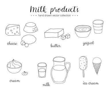 Beyaz arkaplanda el çizimi süt ürünleri izole.