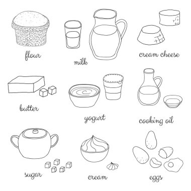 Beyaz arkaplanda el çizimi fırın malzemeleri izole.