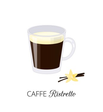 Beyaz arka planda izole edilmiş vanilya çiçekli kahve. Çizgi film tarzında köpüklü kahve içeceğiz. Poster ve menü için mükemmel. Vektör illüstrasyonu.