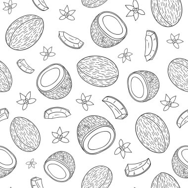 El çizimi hindistan cevizi ve tropik çiçeklerle siyah ve beyaz desenli..