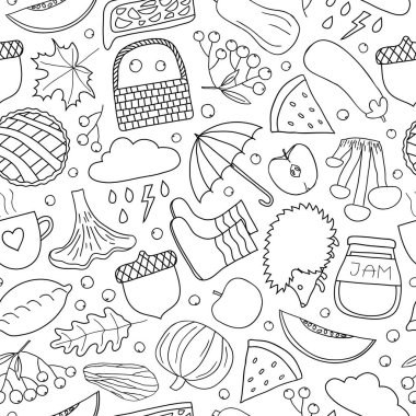 Ana hatları sonbahar öğeleri olan siyah beyaz desenli.