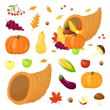 Şükran Günü kutlaması için sebzeli ve meyveli çizgi film kornucopiası karatahta arka planda izole edilmiş..