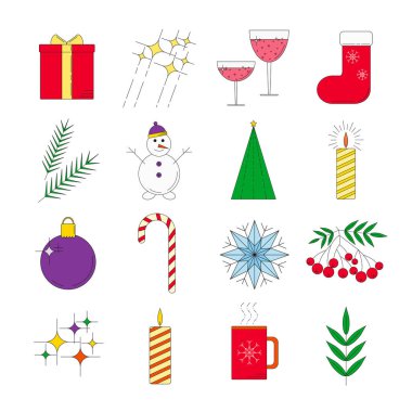 Noel tatili için renkli doğrusal simgeler. Web ve mobil tasarım için mevsimsel kış ince çizgi simgeleri. 16 ayrıntılı Noel simgesi.