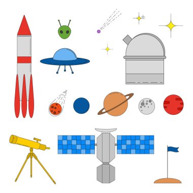 Beyaz arkaplanda izole edilmiş renkli alan ve astronomi doğrusal simgeleri kümesi.