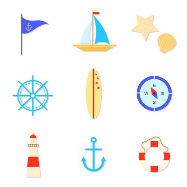 Düz deniz simgeleri beyaz arkaplanda izole.