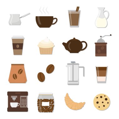 Beyaz arkaplanda izole edilmiş farklı düz kahve simgeleri..