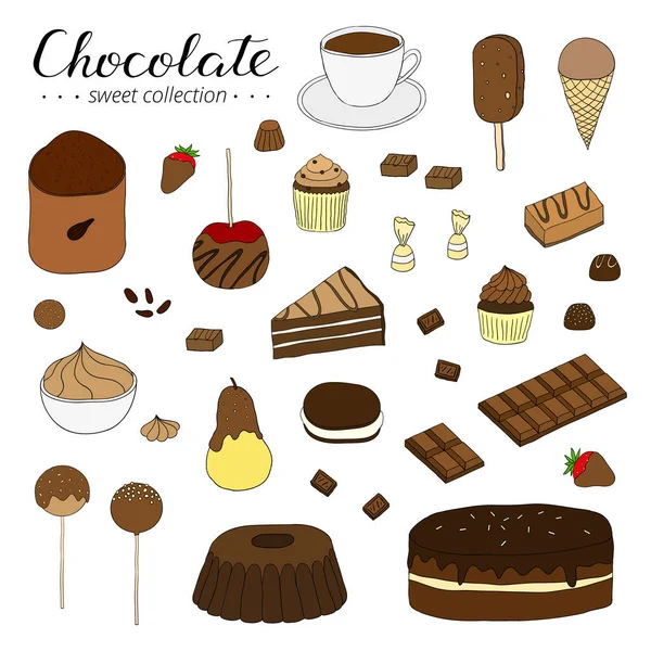 Prodotti Cioccolato Disegnati Mano Isolati Sfondo Bianco — Vettoriale Stock