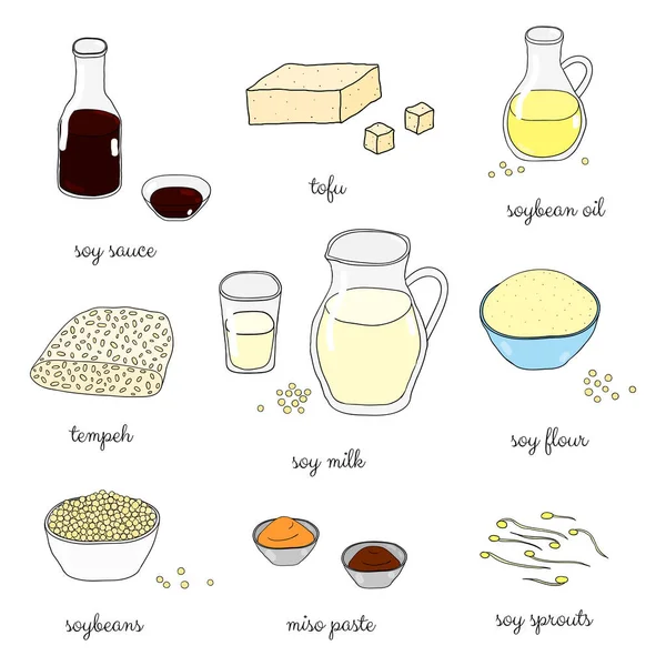Handgezeichnete Farbige Soja Lebensmittel Isoliert Auf Weißem Hintergrund Sojasauce Milch — Stockvektor