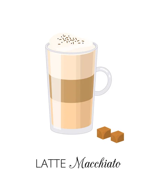 Latte Macchiato Karamellel Fehér Alapon Izolálva Latte Ital Hab Rajzfilm — Stock Vector