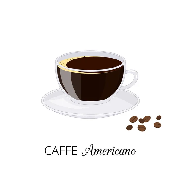 Caffe Americano Fehér Alapon Izolált Kávébabbal Fekete Kávé Ital Rajzfilm — Stock Vector