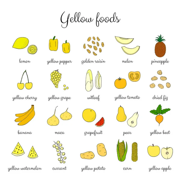 Frutas Bagas Legumes Amarelos Desenhados Mão Isolados Sobre Fundo Branco —  Vetores de Stock