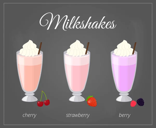Cartoon Milkshakes Glass Chalkboard Background Cherry Strawberry Berry Milkshake Flavor — Stock Vector