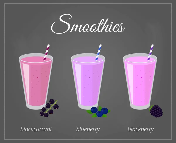 Cartoon Smoothies Glass Straw Isolated Chalkboard Background Blackcurrant Blueberry Blackberry — Stock Vector