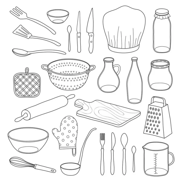 Utensilios Cocina Dibujados Mano Aislados Sobre Fondo Blanco — Vector de stock