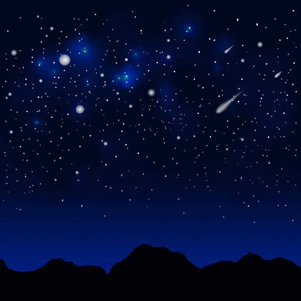 山のシルエット 彗星と星と暗い青の空間の風景 — ストックベクタ