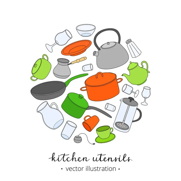 Hand drawn kitchen utensils and dishes composed in circle shape with lettering on white background.