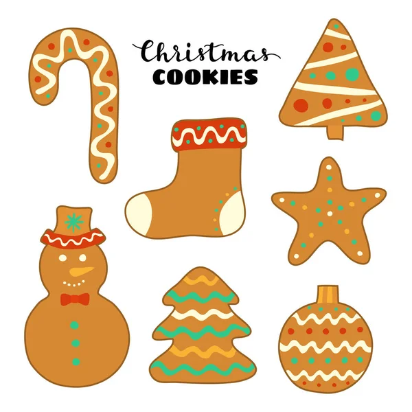 Doodle Biscoitos Gengibre Natal Com Gelo Isolado Fundo Branco — Vetor de Stock