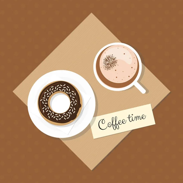 Время Кофе Coffee Latte Macchiato Glazed Chocolate Donut Dotted Background — стоковый вектор