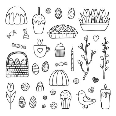 Hand drawn collection of traditional outline easter items including colored eggs, tulips, glazed cake, candle, bird and pussy willow isolated on white background.