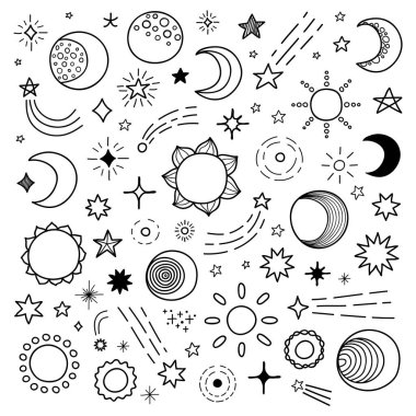Beyaz arka planda izole edilmiş büyük bir el çizimi yıldız, güneş ve ay koleksiyonu.