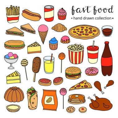 Pizza, hamburger, dondurma, kek, sosisli, tavuk, burrito, patlamış mısır, limonata, cips, patates kızartması, sandviç ve beyaz arka planda izole edilmiş çörek de dahil olmak üzere el yapımı fast food koleksiyonu..