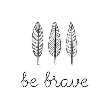 İlham verici bir alıntı. Cesur ol. El çizimi boho kızılderili tüyleri ve harfleri olan bir poster. Tişört tasarımı, baskılar, kartlar, davetiyeler için kullanılabilir.