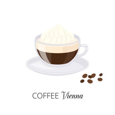 Beyaz arka planda izole edilmiş cam fincanda kremalı çizgi film kahve Viyana 'sı.
