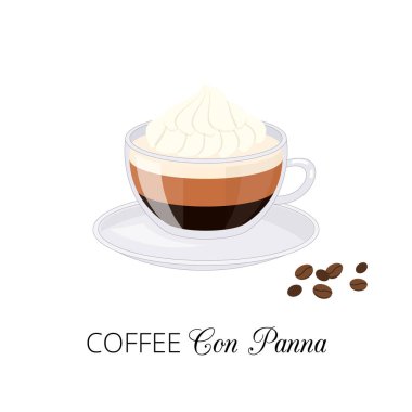 Krem şantili, beyaz arka planda, cam bardakta karikatür kahve..