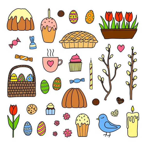 Hand Drawn Collection Traditional Easter Items Including Colored Eggs Tulips — Stok Vektör