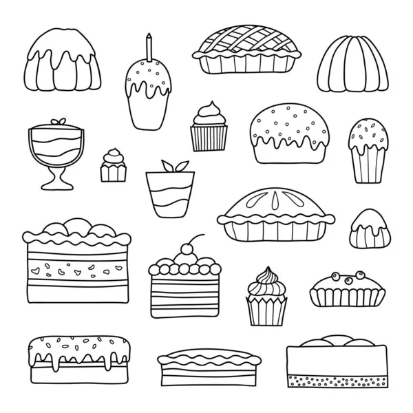 Collection Cute Doodle Outline Cakes Birthday Easter Party Sweet Cafe — Stock Vector