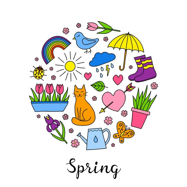 Handgezeichnete Frühlingsartikel Wie Sonne Wolke Regenschirm Stiefel Blumen Katze Vogel — Stockvektor