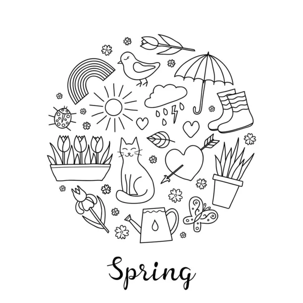 Handgezeichnete Frühlingsobjekte Wie Sonne Wolke Regenschirm Stiefel Blumen Katze Vogel — Stockvektor