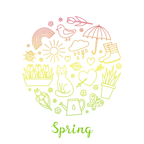 Hand Drawn Outline Spring Items Including Sun Cloud Umbrella Boots — Stock Vector