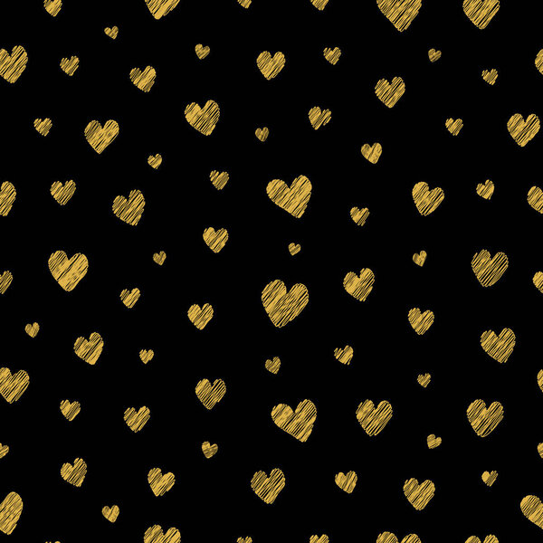 Black seamless pattern with golden hatching hearts.