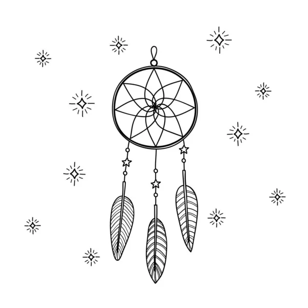 白い背景に隔離された羽や装飾と手描きアウトライン夢のキャッチャー 伝統的なアメリカ先住民のお守り — ストックベクタ
