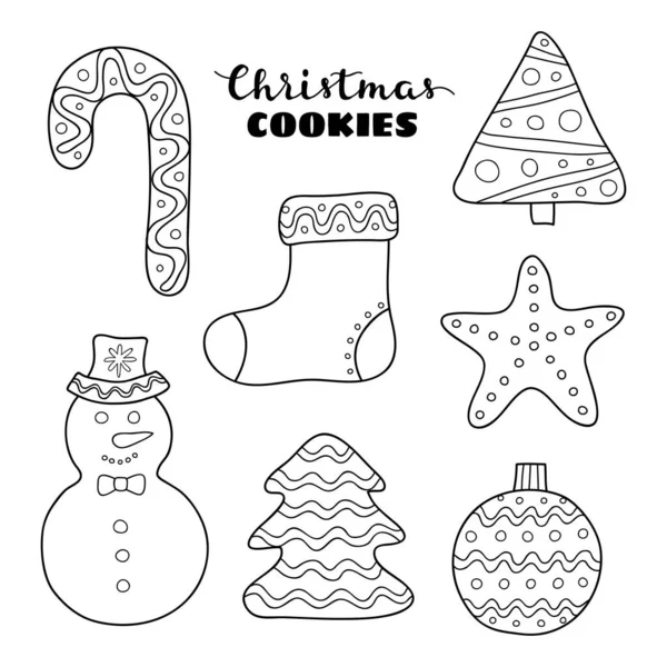 Doodle Esboço Biscoitos Natal Com Decoração Isolada Fundo Branco — Vetor de Stock