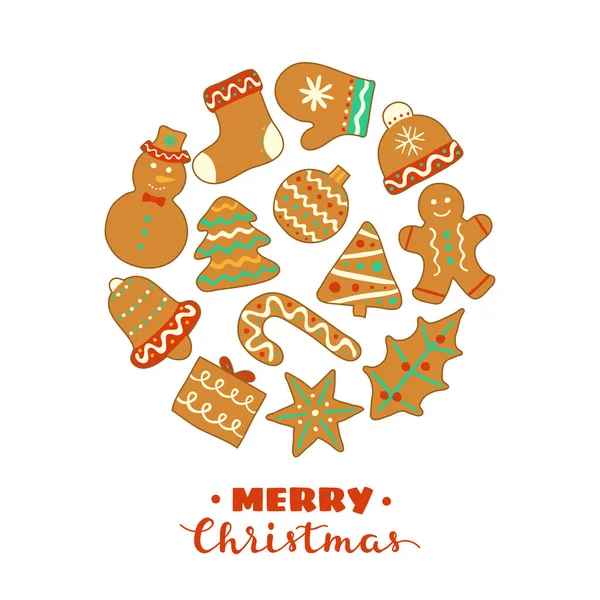 Doodle Christmas Biscotti Pan Zenzero Con Glassa Composto Forma Cerchio — Vettoriale Stock