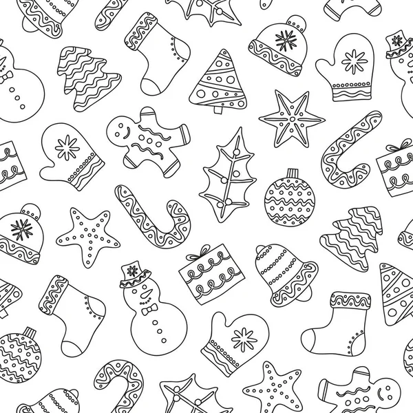Fekete Fehér Karácsonyi Zökkenőmentes Minta Körvonalas Díszített Cookie — Stock Vector