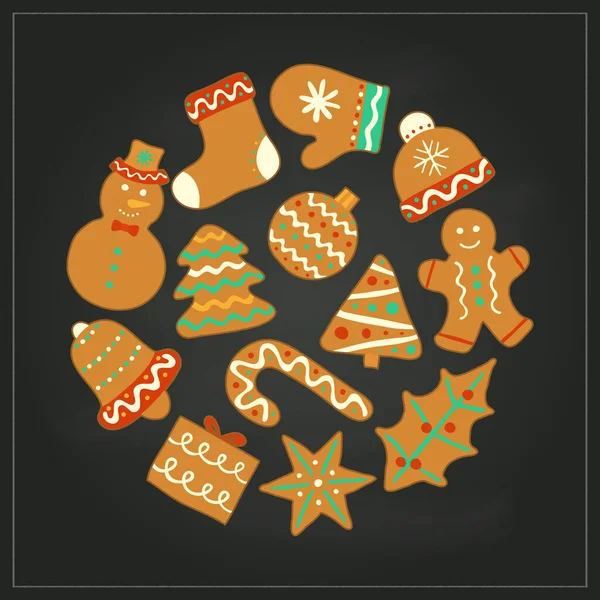 Doodle Biscoitos Gengibre Natal Com Gelo Composto Forma Círculo Quadro — Vetor de Stock