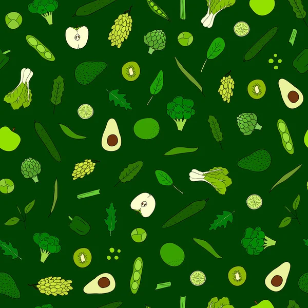 Seamless Pattern Hand Drawn Green Vegetables Fruits — Stock Vector
