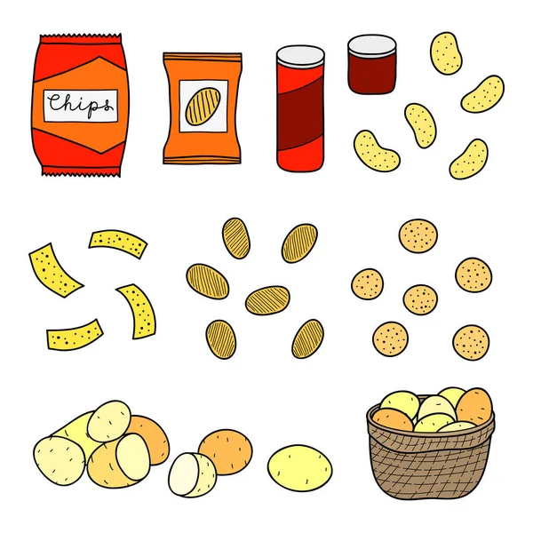 Chips Elaborados Mano Variedades Snacks Packs Cajas Tubulares Patatas Aisladas — Vector de stock