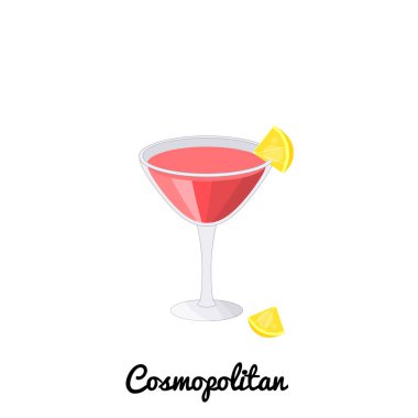 Beyaz arka planda izole edilmiş çizgi film tarzında süslenmiş Cosmopolitan alkolik kokteyli..