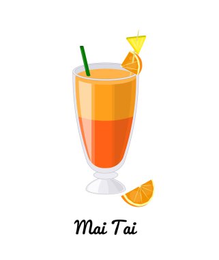 Beyaz arka planda karikatür tarzında süslenmiş Mai Tai alkollü kokteyli..