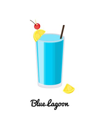 Mavi Göl alkollü kokteyl, beyaz arkaplanda karikatür tarzında izole edilmiş..