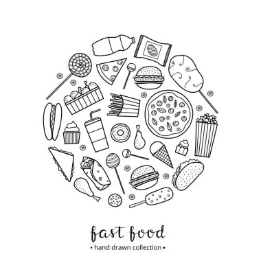 El çizimi fast food yemekleri. Harflerle daire şeklinde..