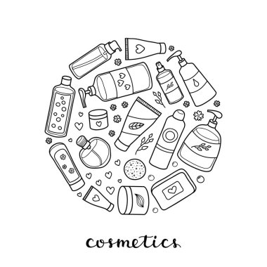 Vücut ve saç için el çizimi güzellik ürünleri. Harflerle daire şeklinde..