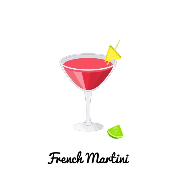 带有卡通风格装饰的法国马丁尼酒精鸡尾酒 背景为白色 — 图库矢量图片