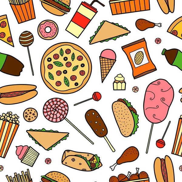Płynny Wzór Kolorowymi Ręcznie Rysowane Fast Food Posiłki — Wektor stockowy